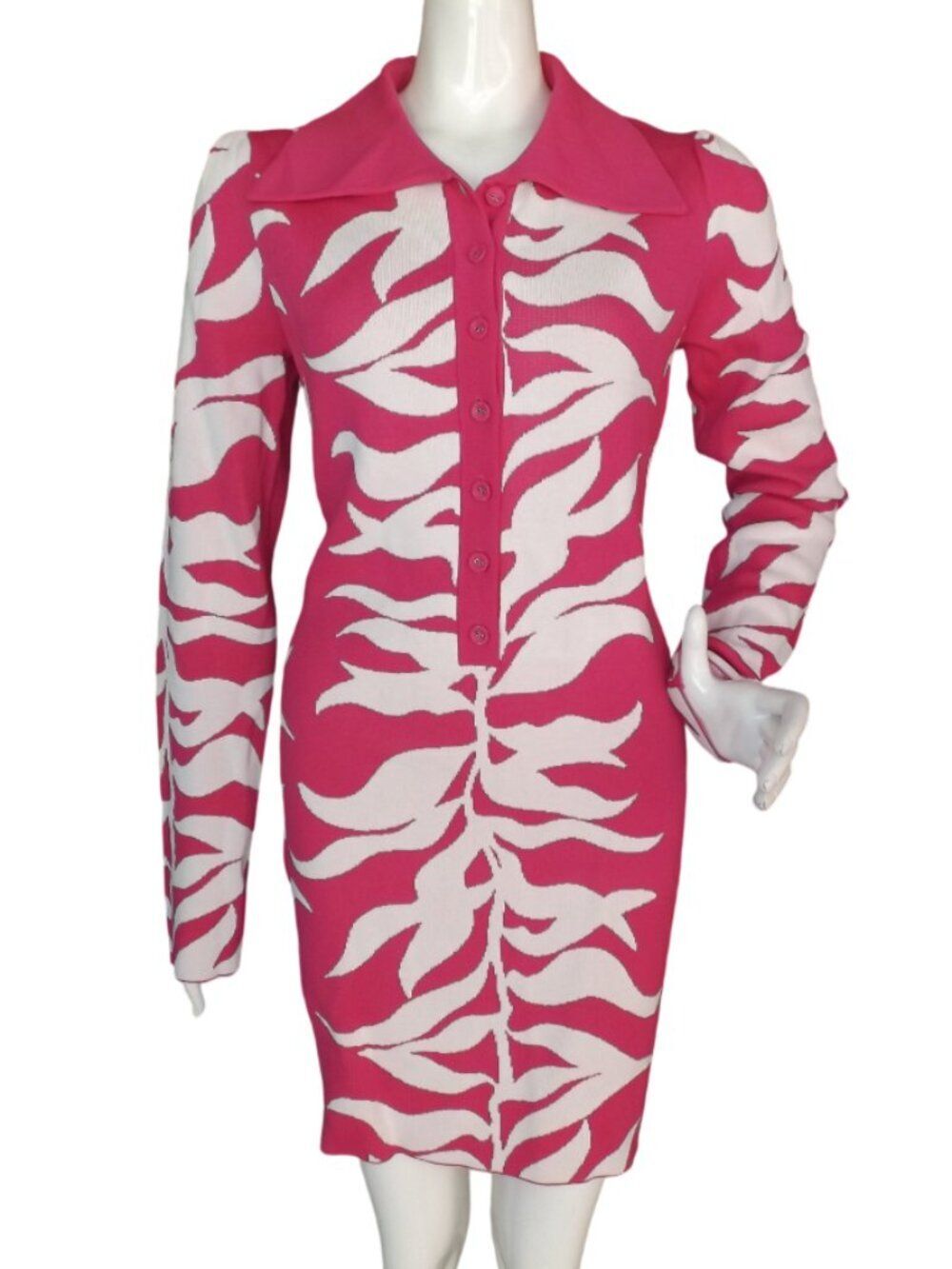 new HANIFA Mini Dress, 1X, Tight Knit, Pink/White, Collar/7 buttons, Long sleeve
